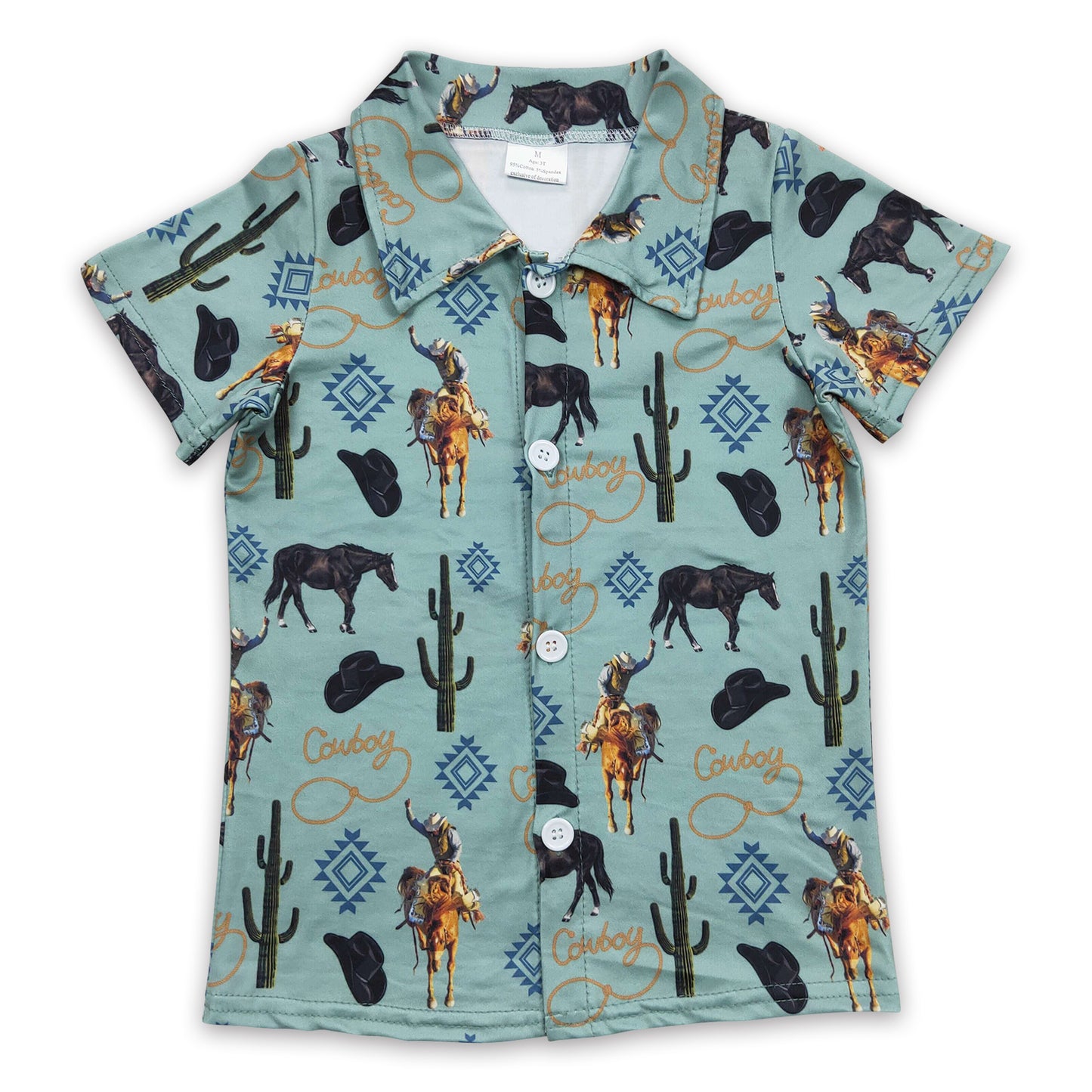 Cowboy cactus horse cow kids boy western button up shirt