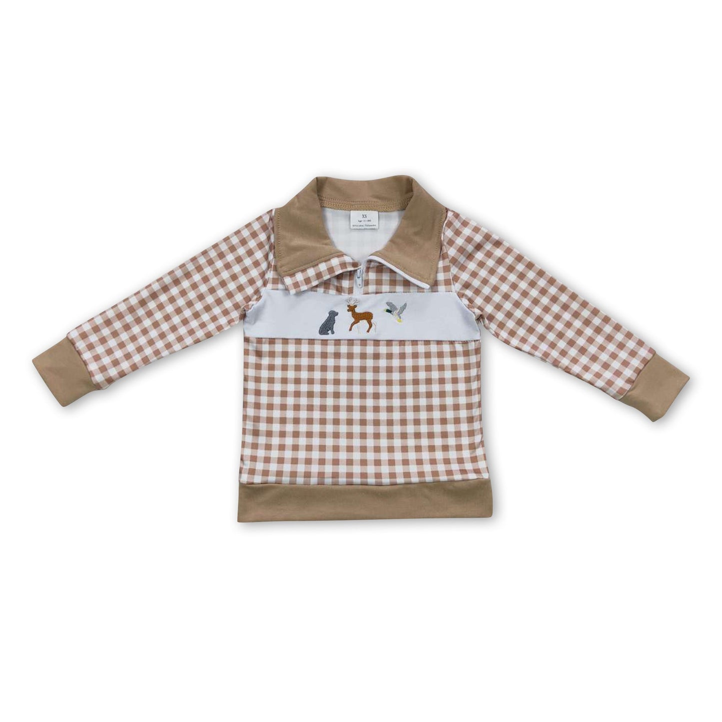 Khaki plaid dog deer duck kids boy zipper pullover