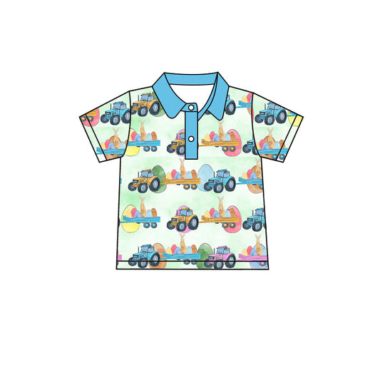 Blue egg bunny tractor boys easter polo shirt