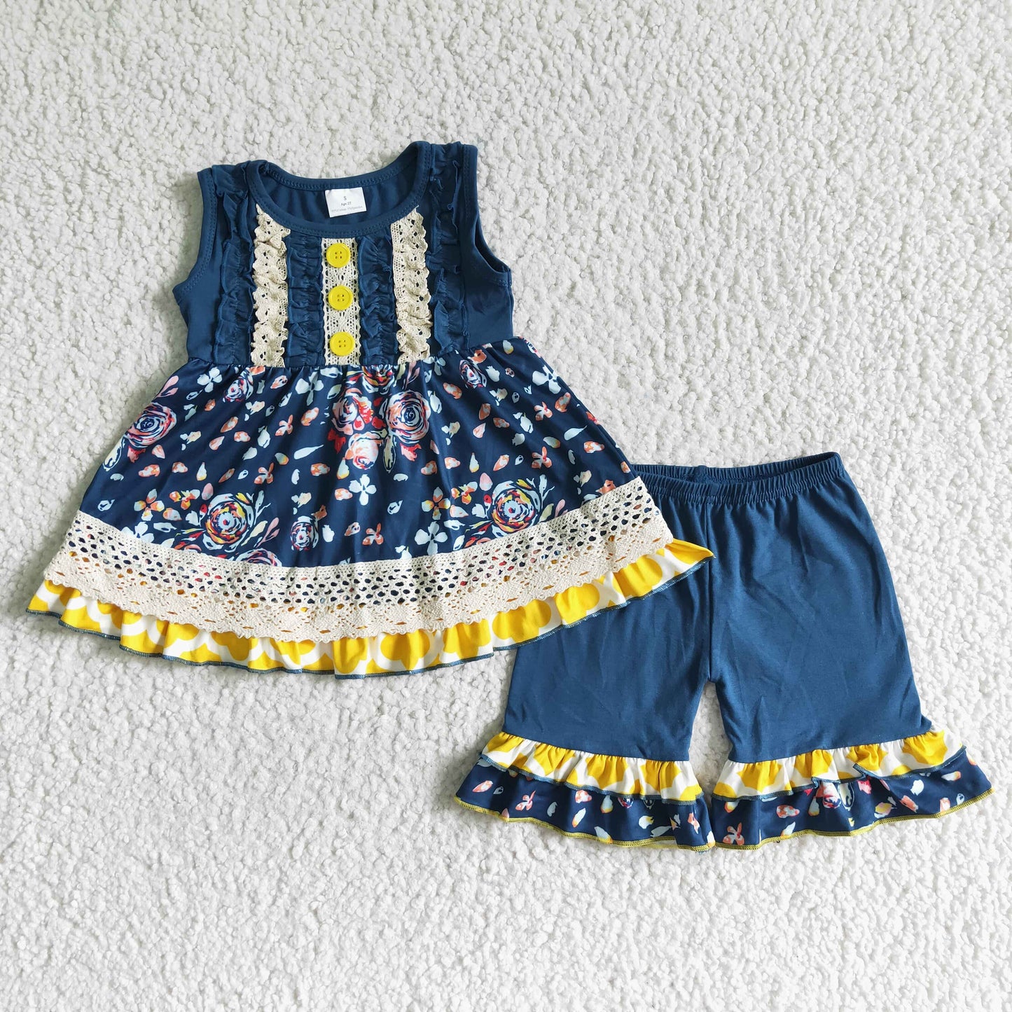 Navy floral sleeveless tunic ruffle shorts boutique girls clothing