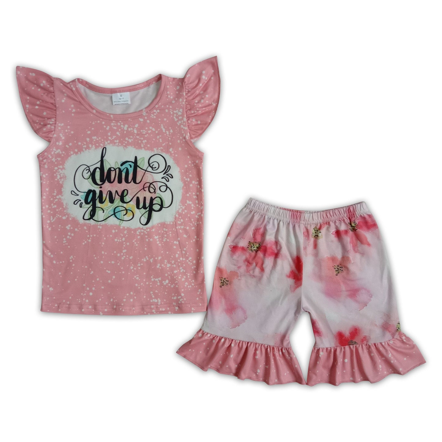 Don't give up print shirt ruffle shorts girls clothing set