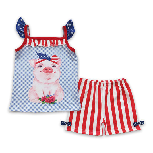 Pig print shirt stripe shorts cute girls 4th of july clothes