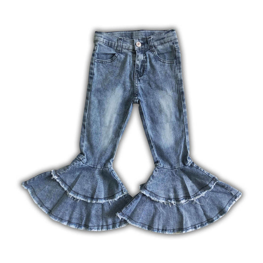 White washed ruffle bell bottom girls denim pants