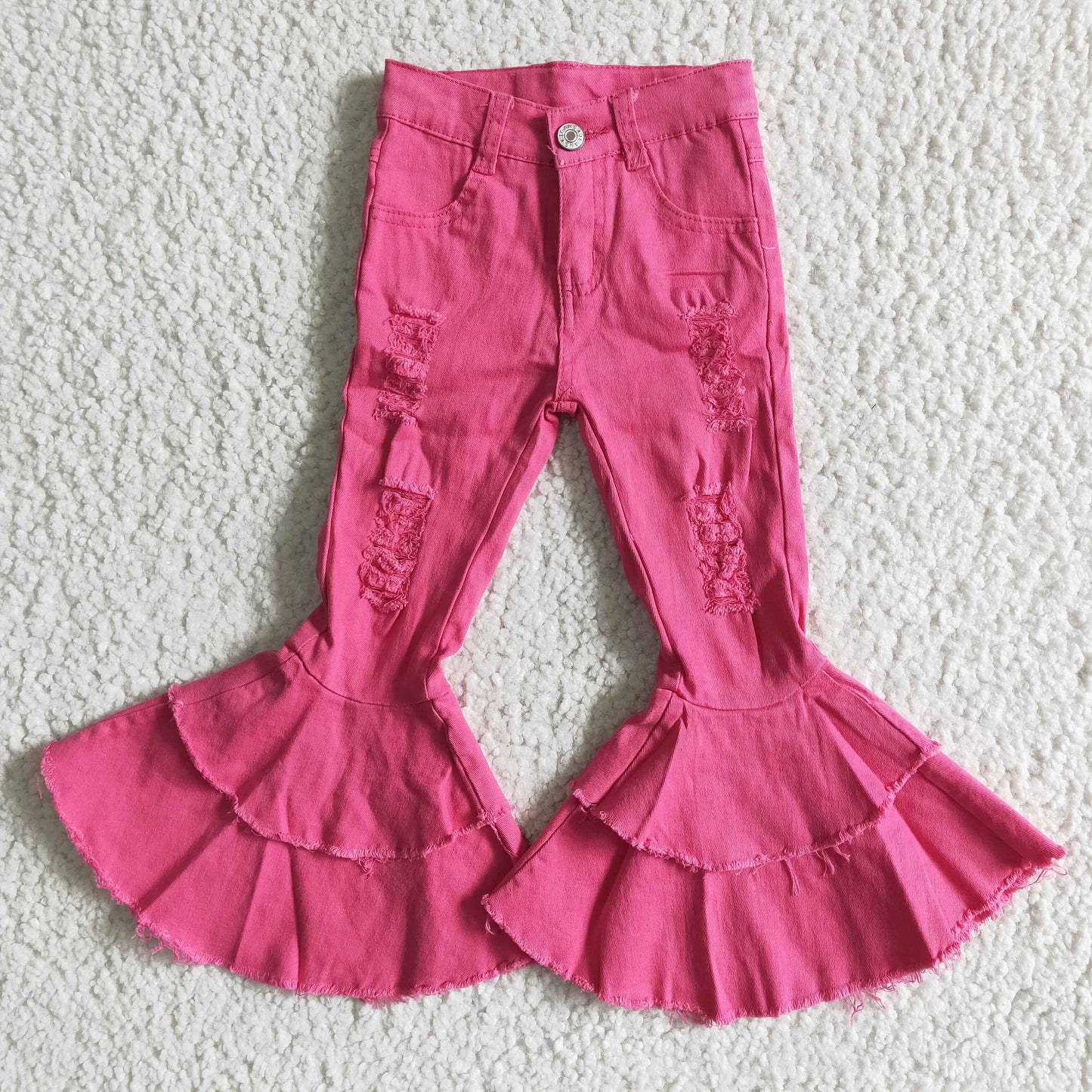 Hot pink distressed ruffle bell bottom girls denim pants