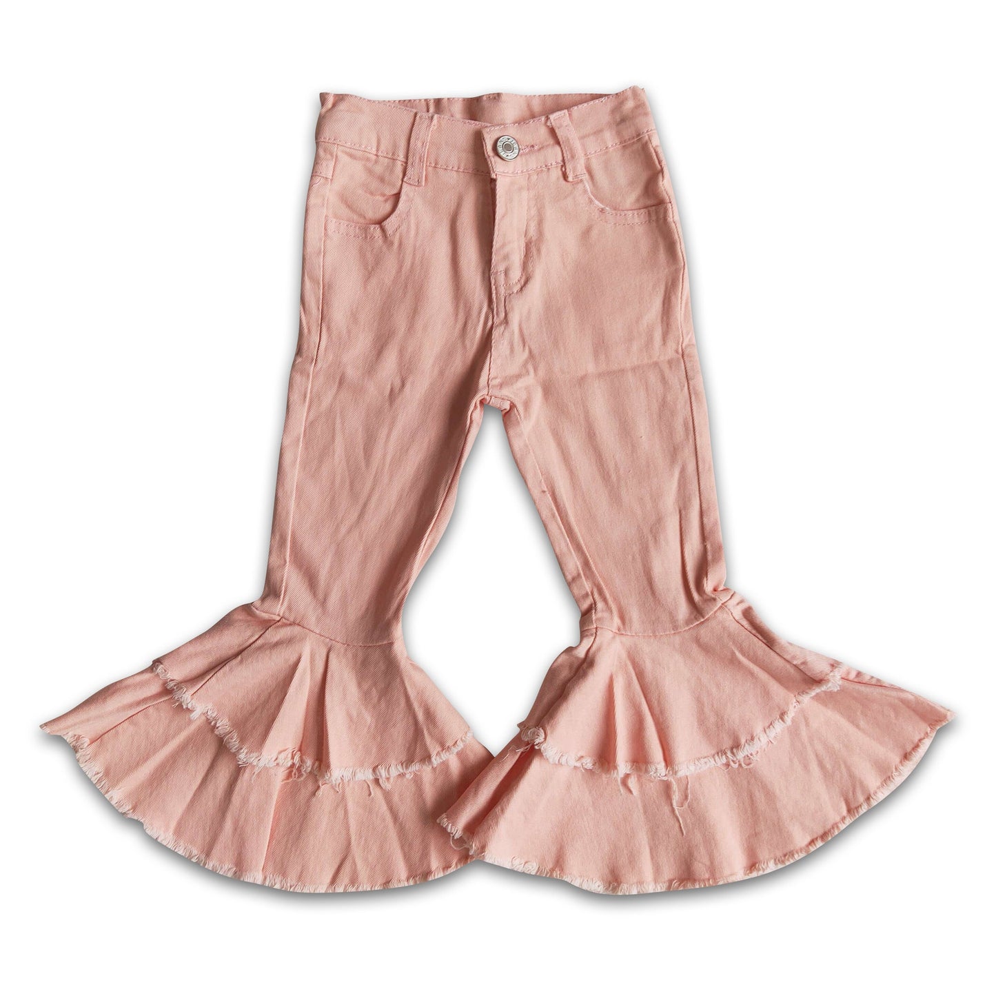 Pink color adjustable waistband ruffle bell bottom denim pants