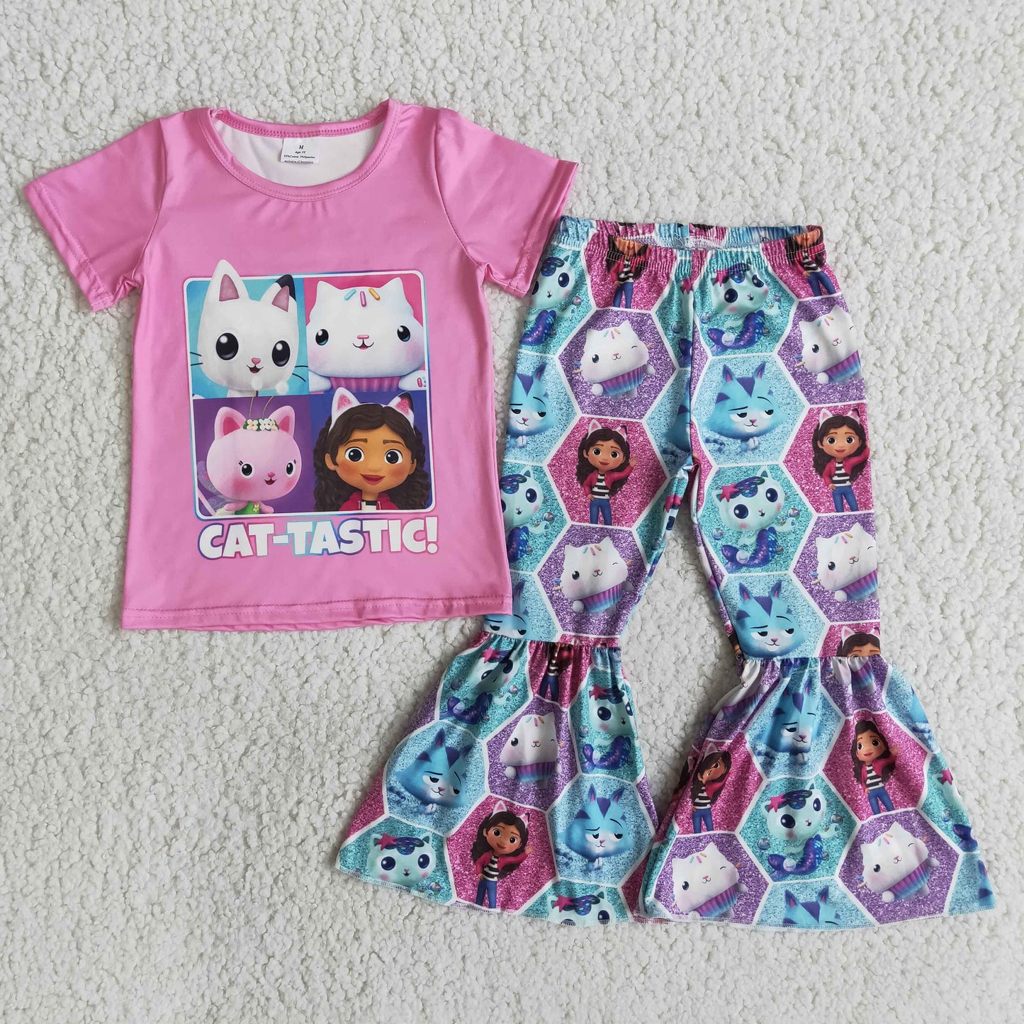 Cat print pink shirt bell bottom pants girls cute clothing set