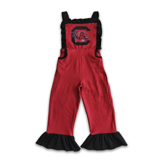 Red black pocket girls team overalls