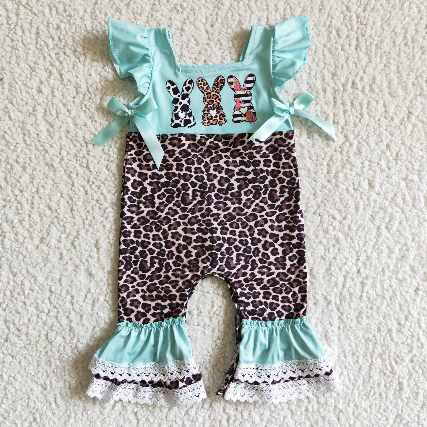 Bunny print mint leopard baby easter romper