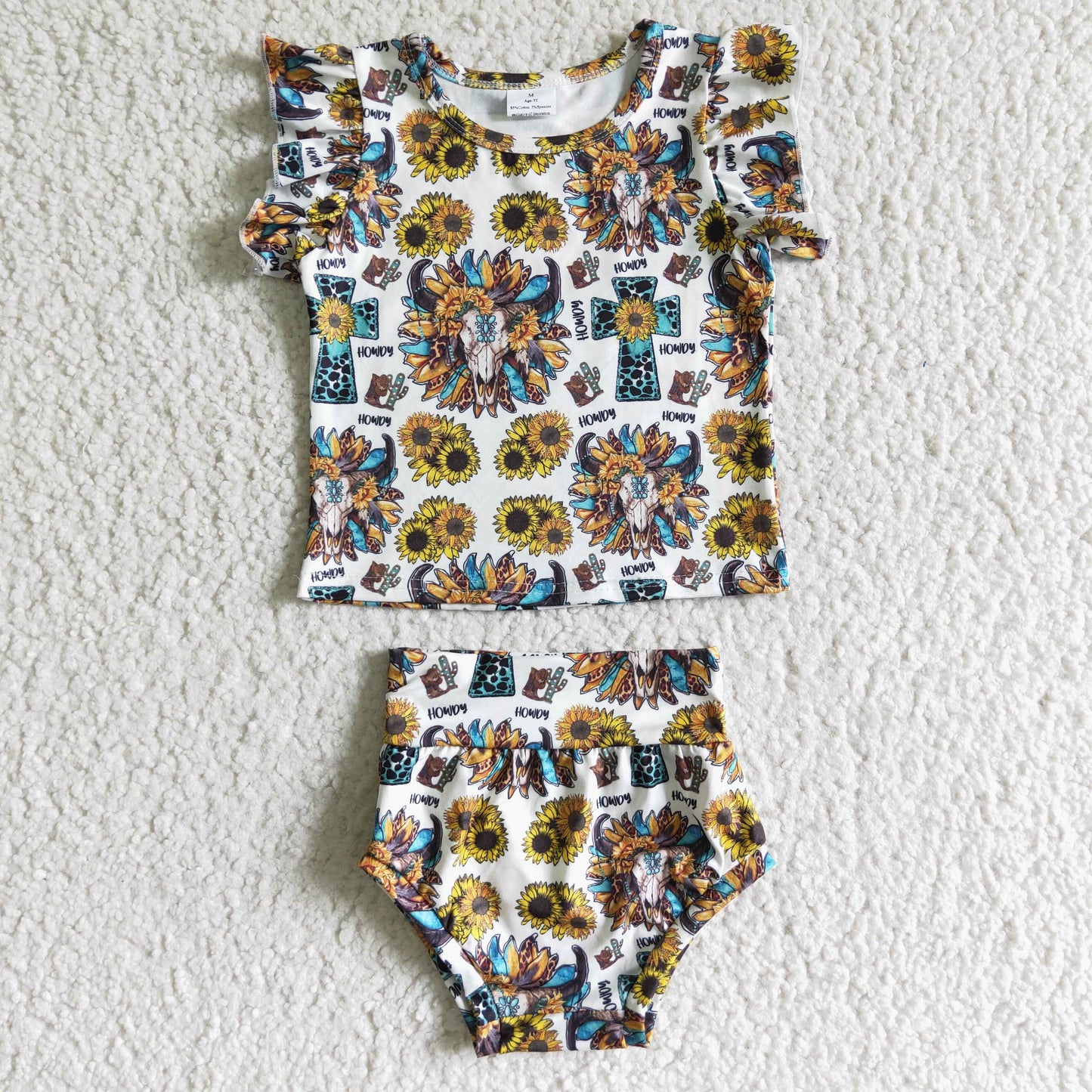 Bull skull sunflower baby girls bummies set