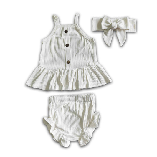 Sleeveless white cotton baby girls bummies set