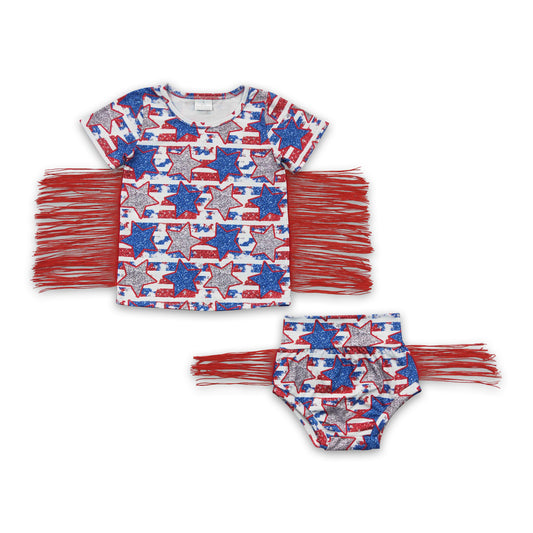 Silver blue stars tassels shirt bummies girls 4th of july set