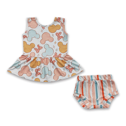 Bow mouse peplum stripe bummies baby girls set