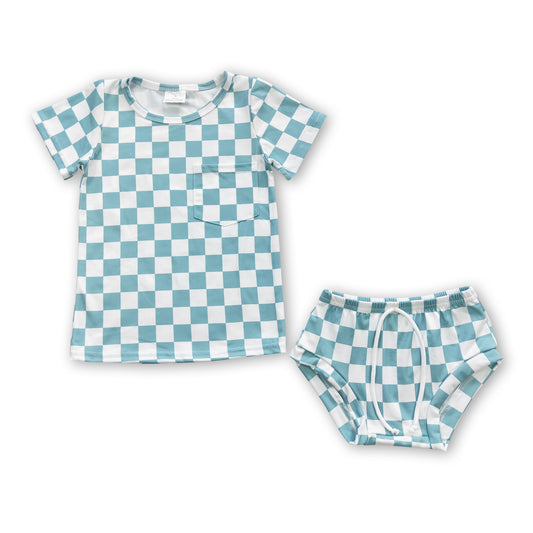 Green checked short sleeves baby kids bummies set