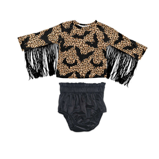 Bat leopard tassels top velvet bummies baby Halloween outfits