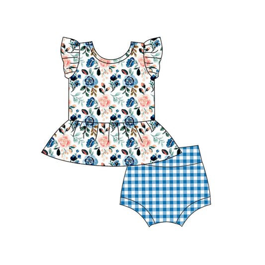 Blue floral top plaid bummies girls spring clothes