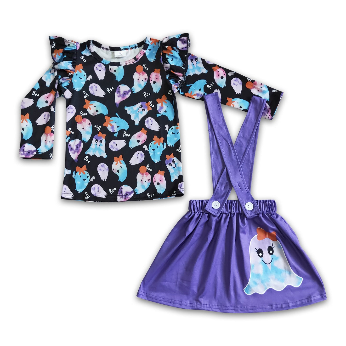 Boo ghost shirt purple suspender skirt girls Halloween set