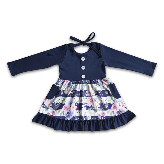 Navy long sleeve floral pocket girls fall dresses