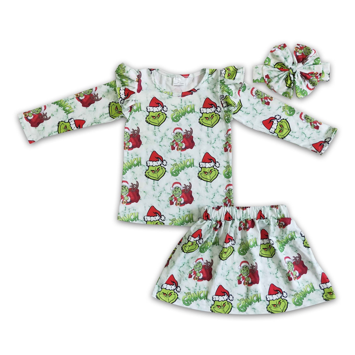 Green face long sleeve shirt skirt kids girls Christmas set