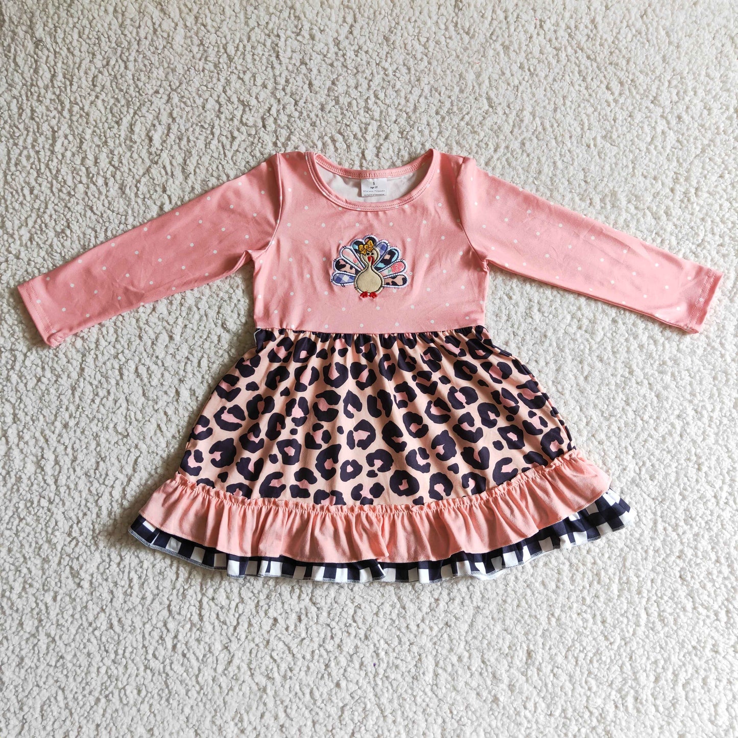 Pink turkey embroidery leopard kids girls Thanksgiving ruffle dresses