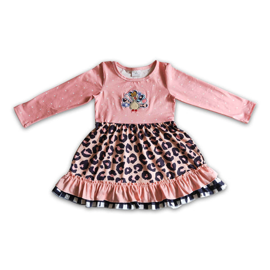 Pink turkey embroidery leopard kids girls Thanksgiving ruffle dresses