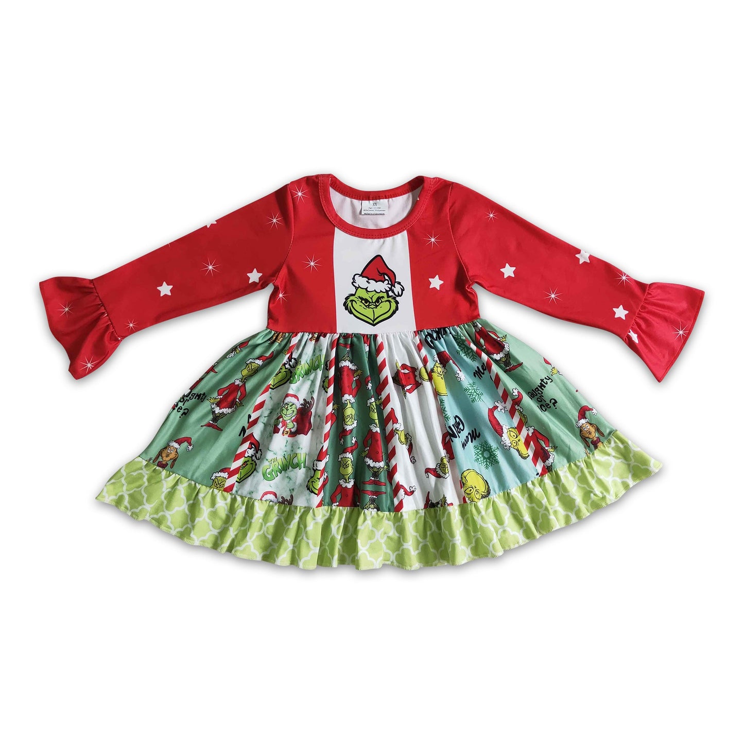 Green face long sleeve panel twirl baby girls Christmas dresses