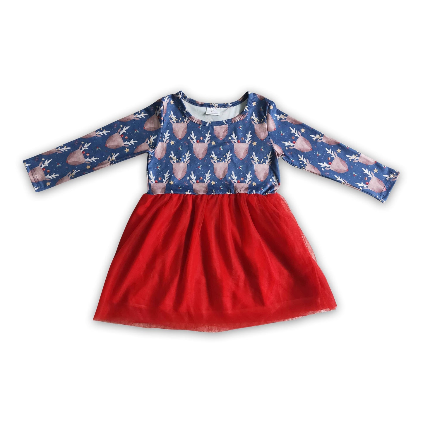 Blue reindeer long sleeves baby girls tulle Christmas dresses