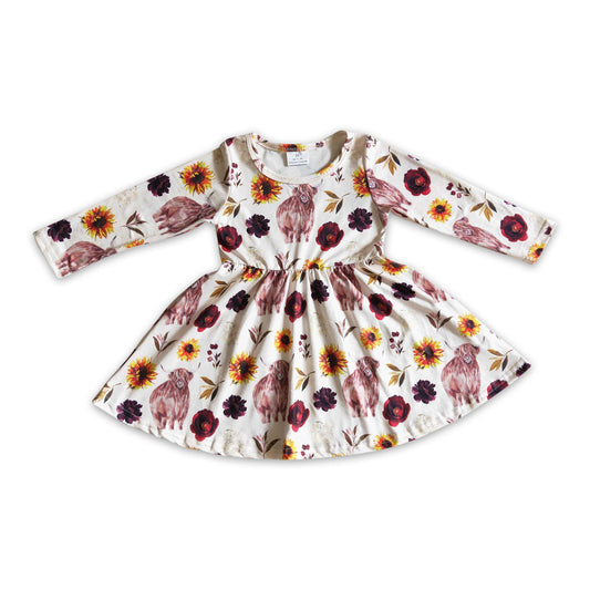 Highland cow floral long sleeves baby girls twirl dresses