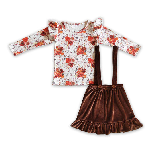 Floral shirt match brown velvet suspender skirt girls fall winter clothes