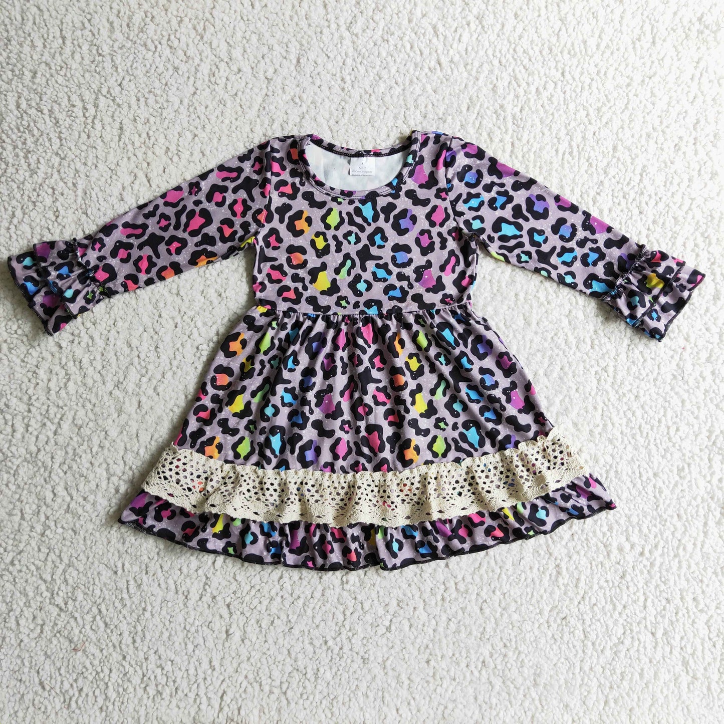 Colorful leopard long sleeves lace girls dresses