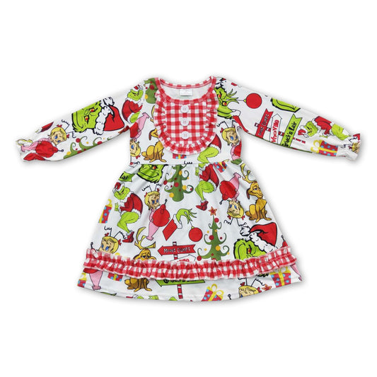 Plaid gifts green face long sleeves girls Christmas dresses