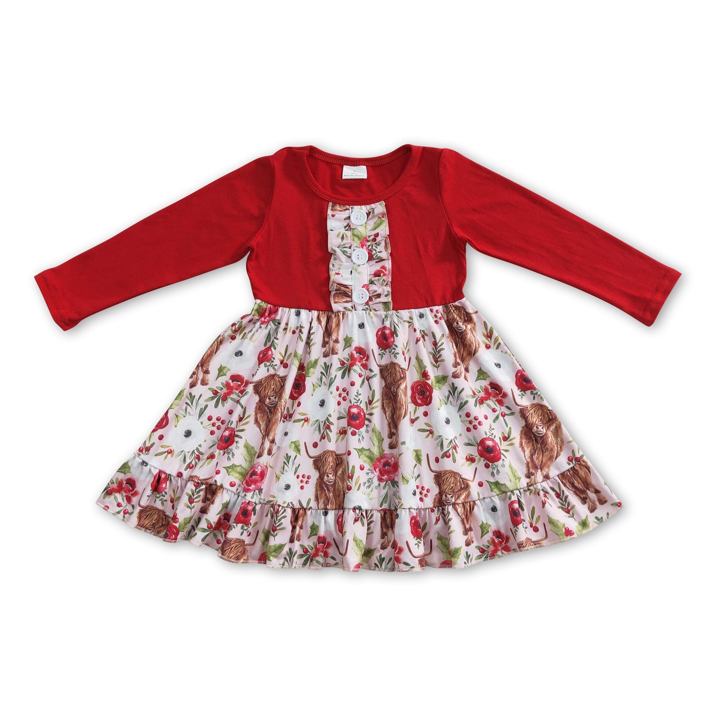 Red floral highland cow kids girls Christmas dresses