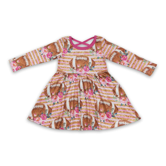 Floral stripe football long sleeves baby girls dresses