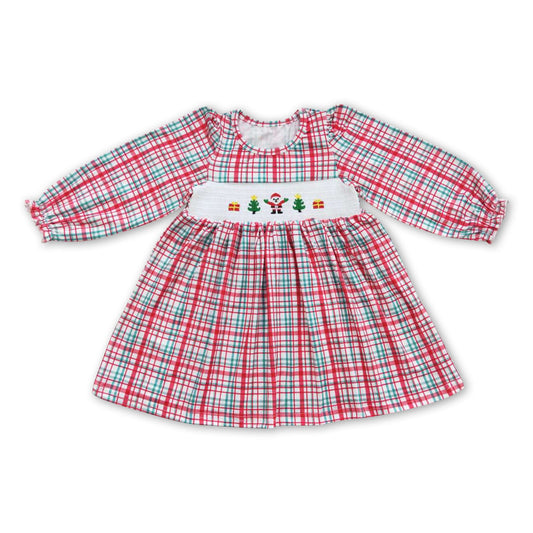 Green red plaid santa gift smocked girls Christmas dress