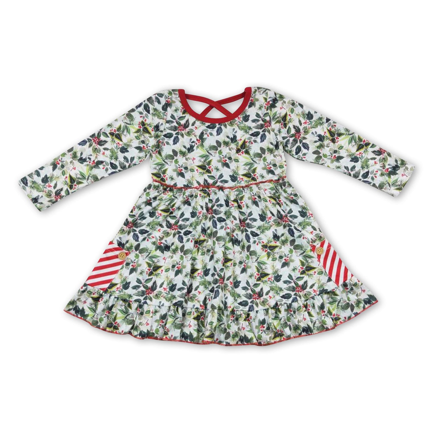 Red stripe pockets floral girls Christmas dresses