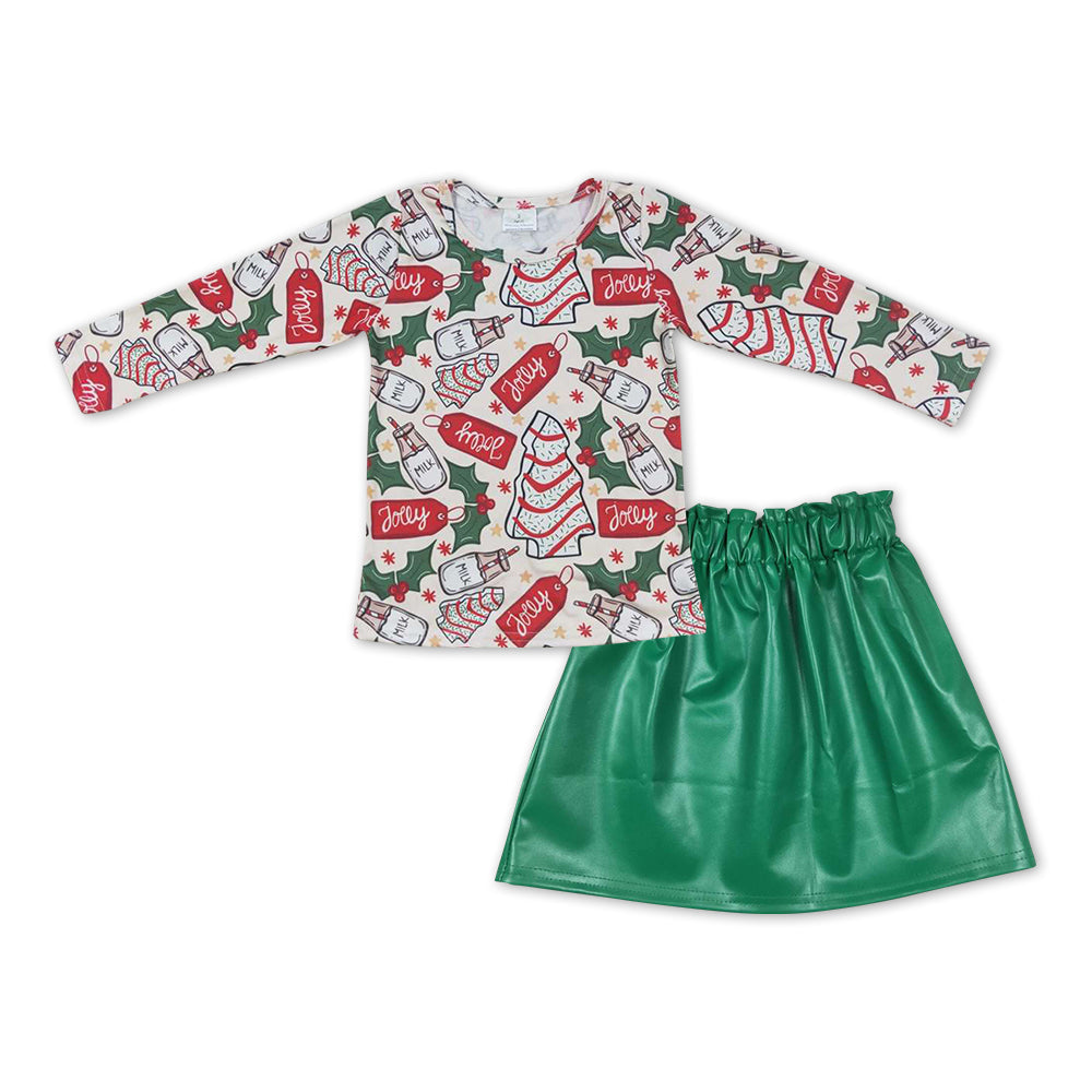 Cake milk top green leather skirt girls Christmas outfits