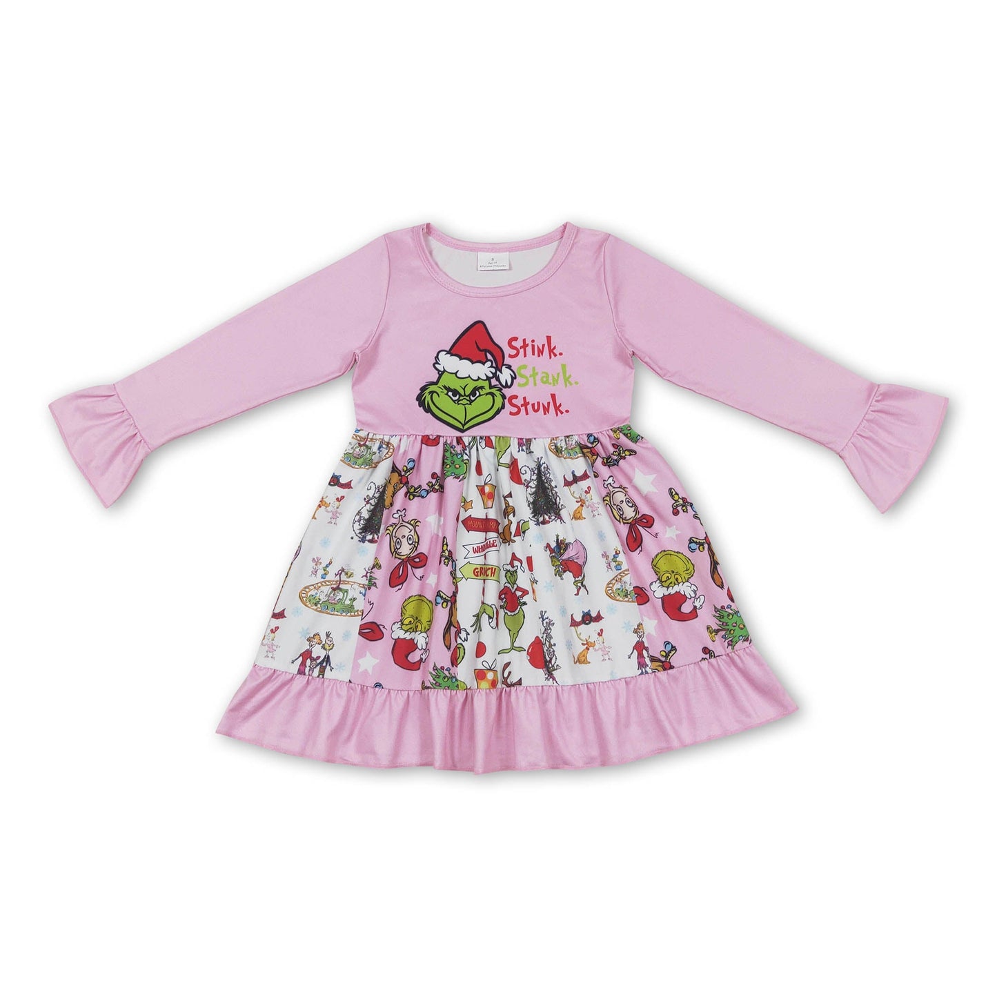 Pink green face patchwork ruffle girls Christmas dress