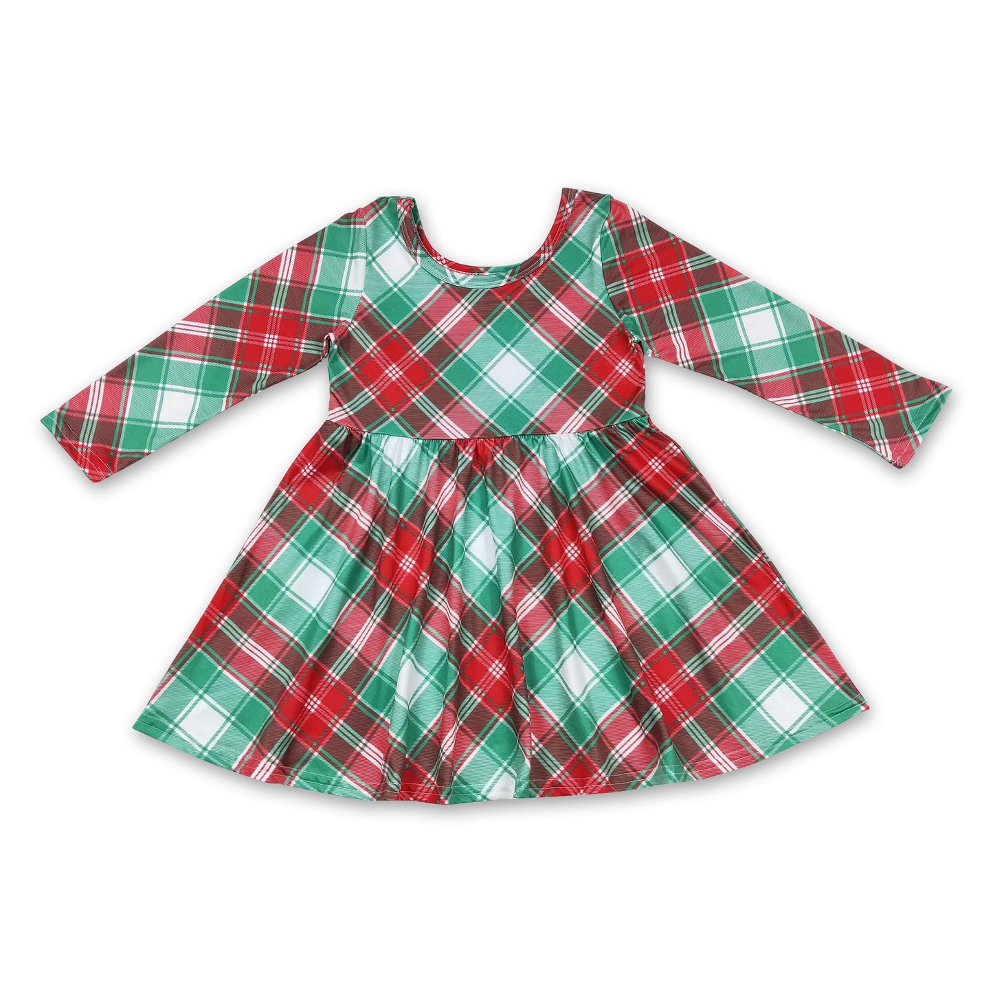 Green red plaid long sleeves girls Christmas dress