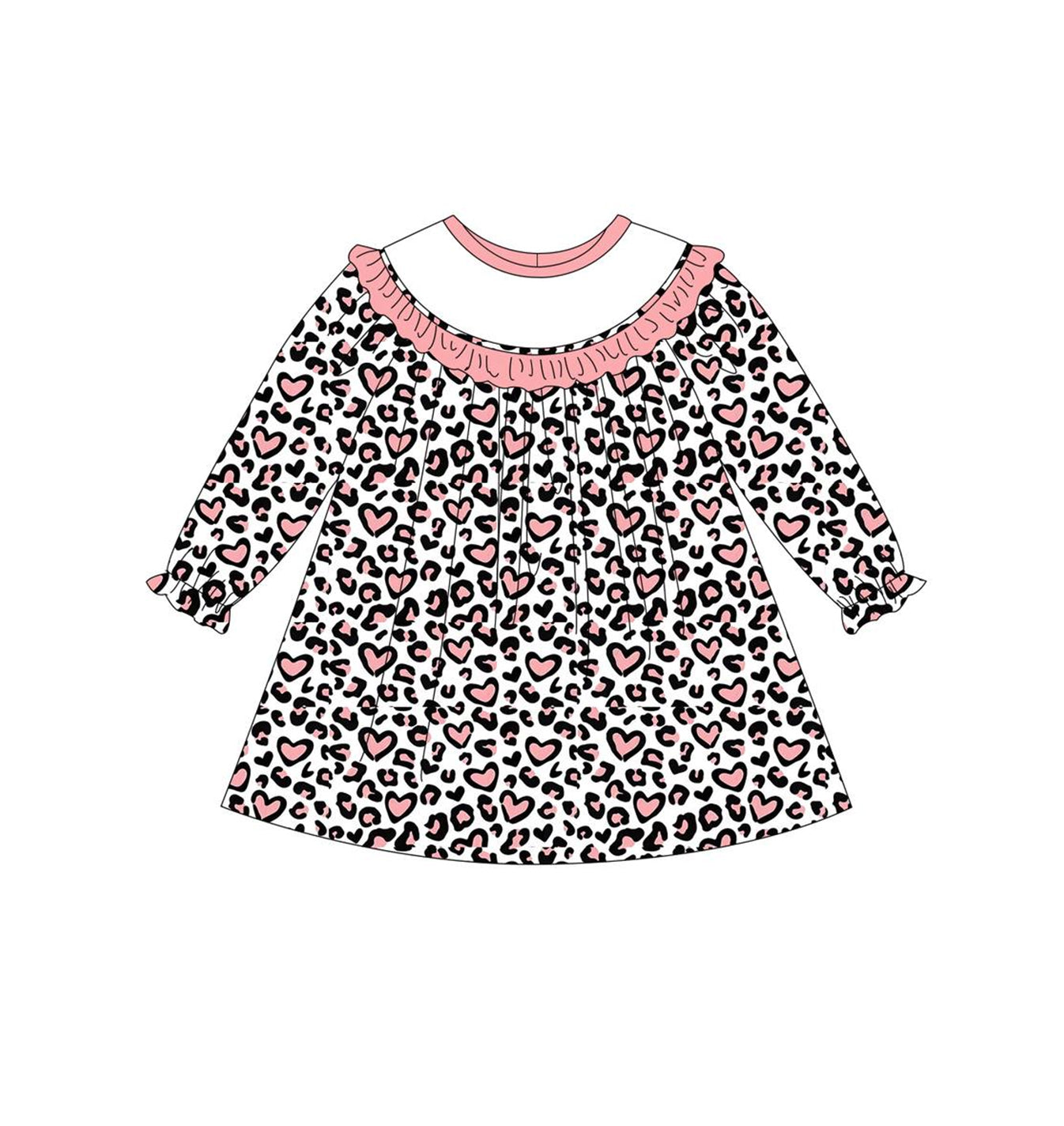 Long sleeves pink heart leopard girls valentine's dress