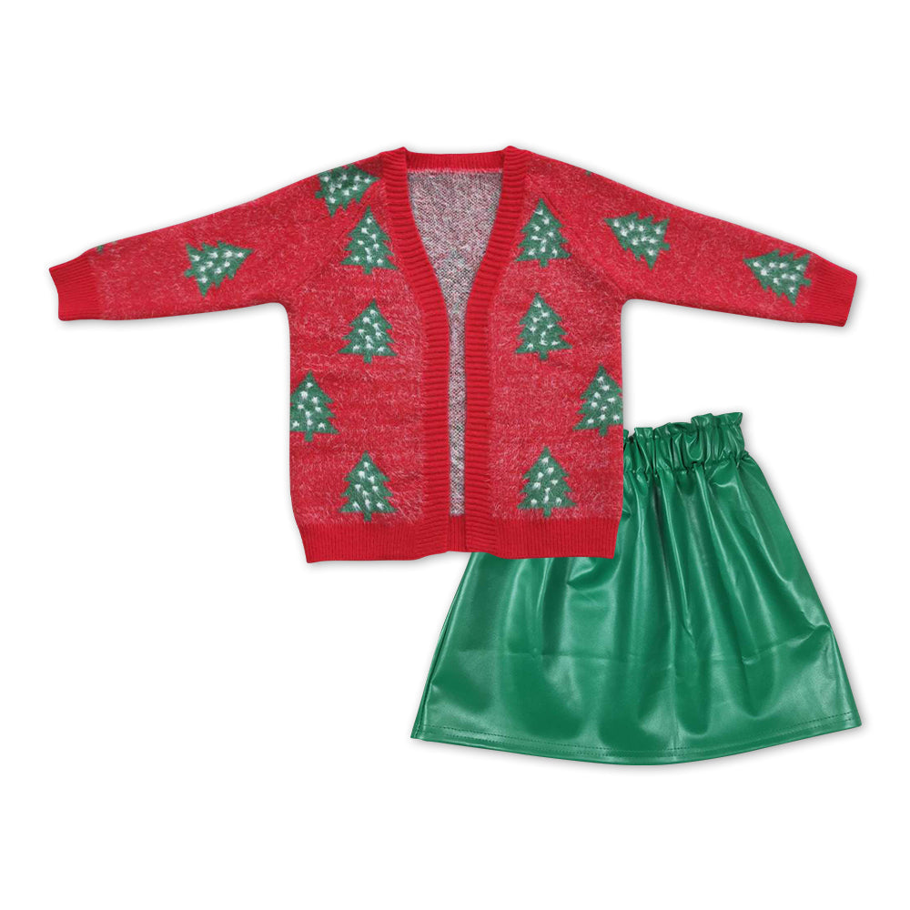 Red Christmas tree sweater green leather skirt girls outfits