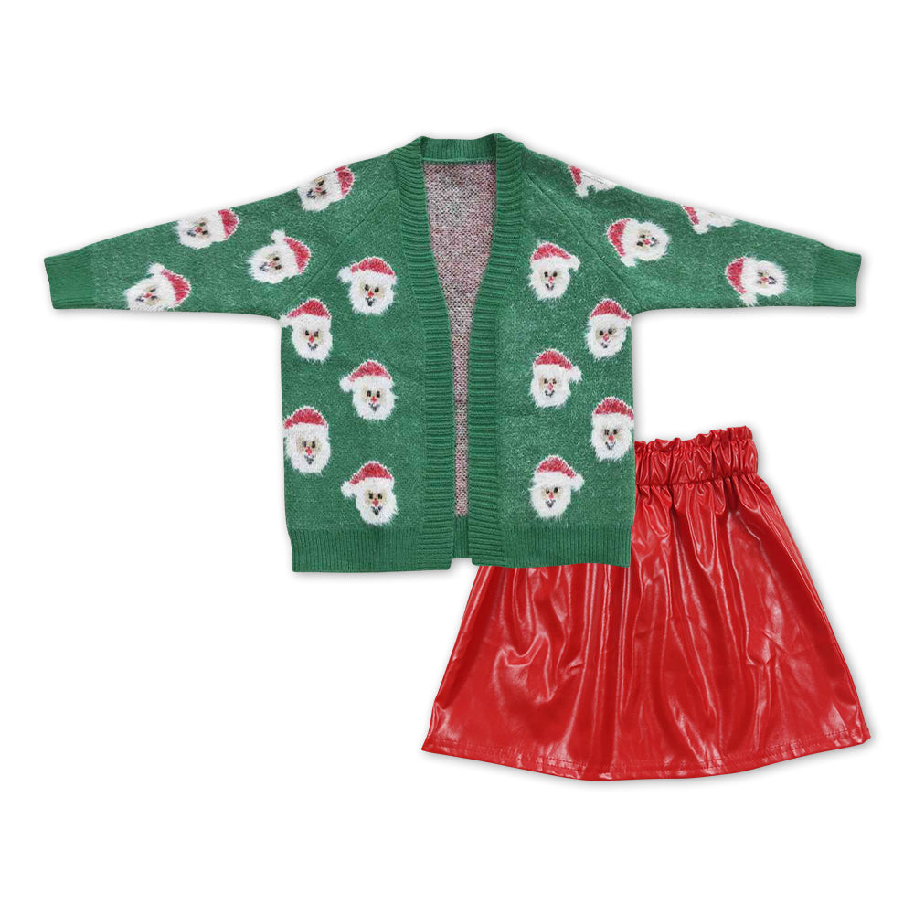 Green santa sweater red leather skirt girls Christmas outfits