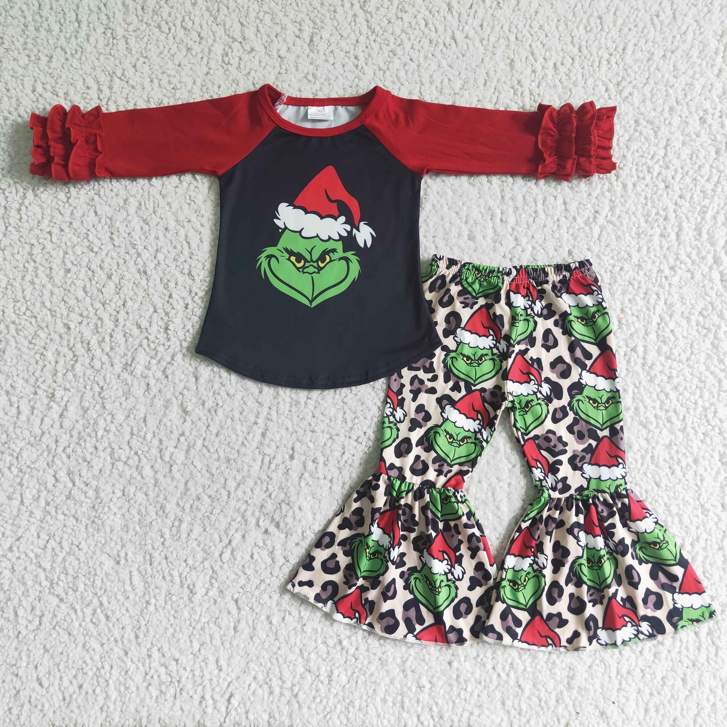 Black green face raglan leopard bell bottom pants girls Christmas clothing