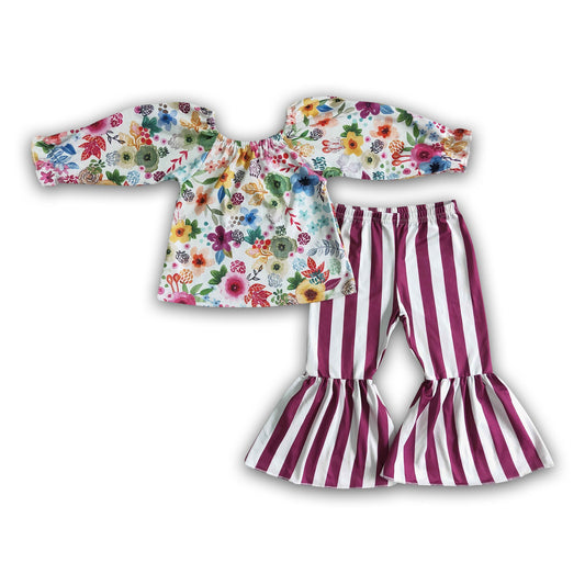 Floral top stripe pants kids girls fall clothing