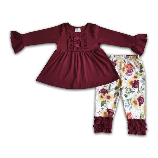 Maroon cotton tunic floral leggings girls fall outfits