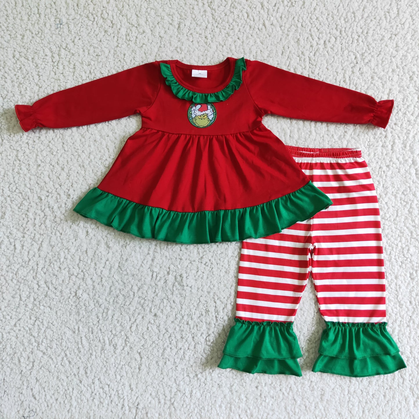 Red green face embroidery tunic ruffle pants girls Christmas outfits