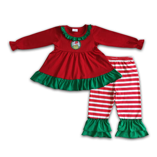 Red green face embroidery tunic ruffle pants girls Christmas outfits