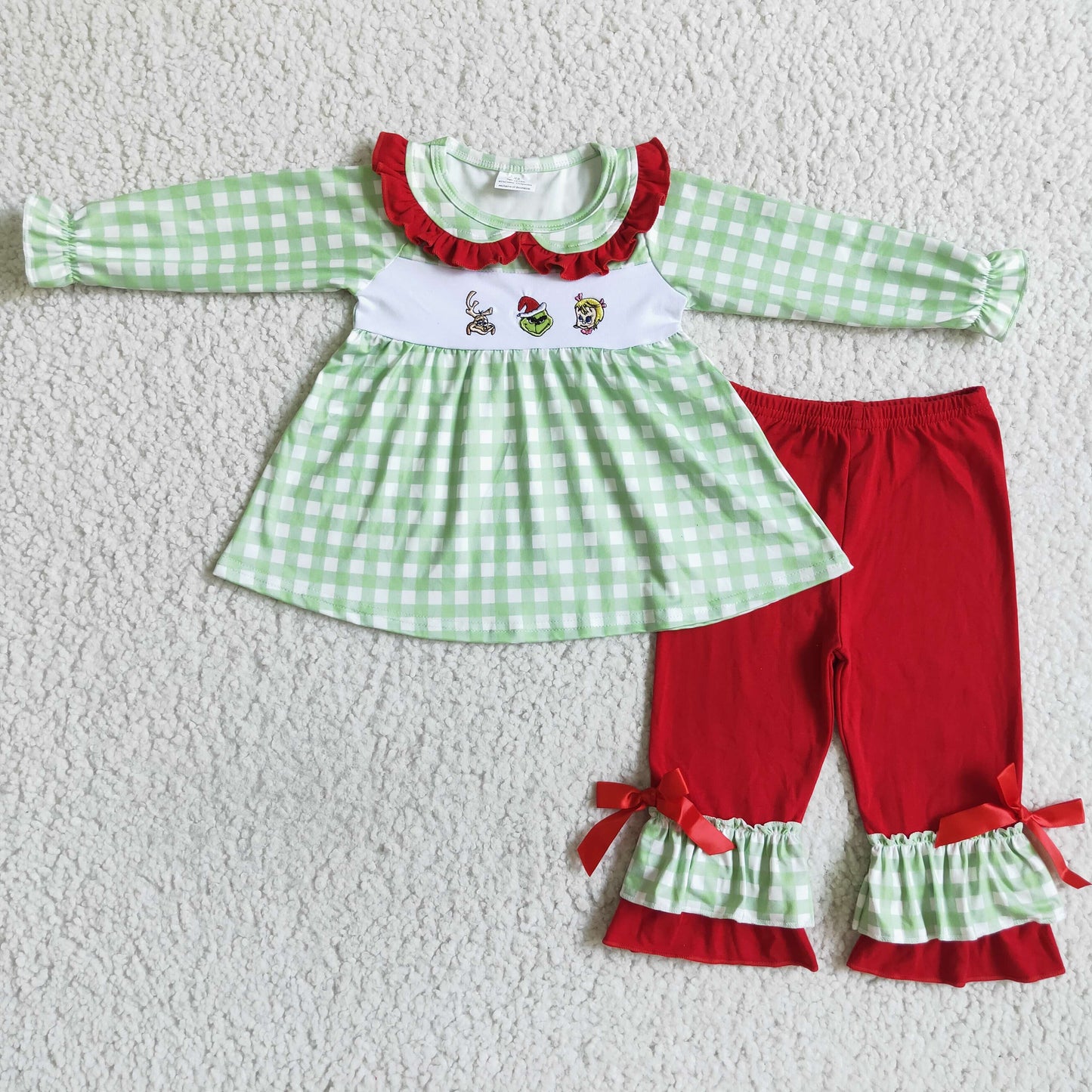 Green face embroidery plaid tunic ruffle pans girls Christmas clothing