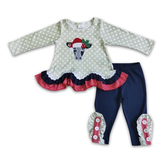 Cow embroidery ruffle runic leggings girls Christmas outfits