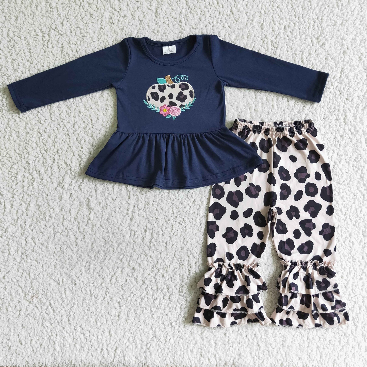 Leopard floral embroidery shirt ruffle pants kids fall clothes