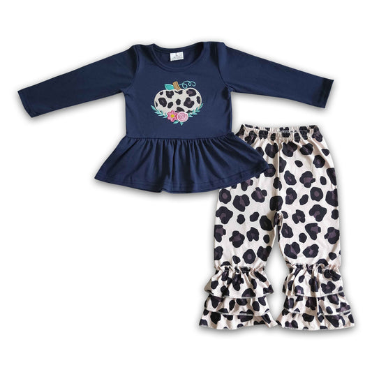 Navy shirt leopard pumpkin ruffle pants girls fall clothes