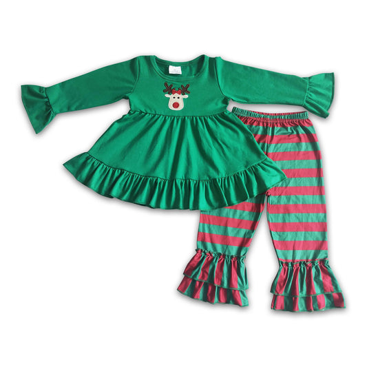 Reindeer embroidery tunic stripe pants kids girls Christmas clothes